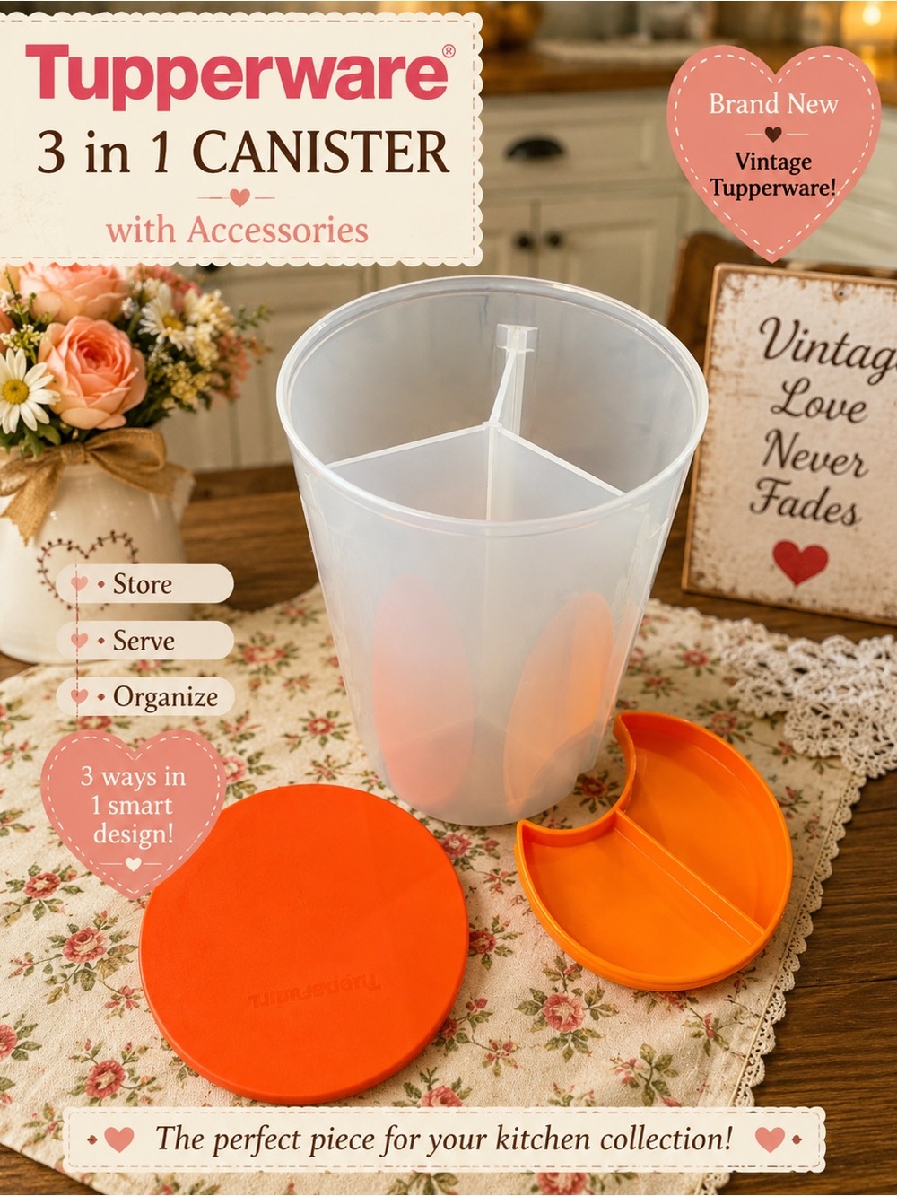 Tupperware White Storage Canister with Orange Lid & Tray